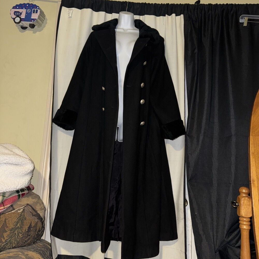 VTG 90s Stephanie Mathews 100% Wool Black Longline Coat Size 16 Minimalist